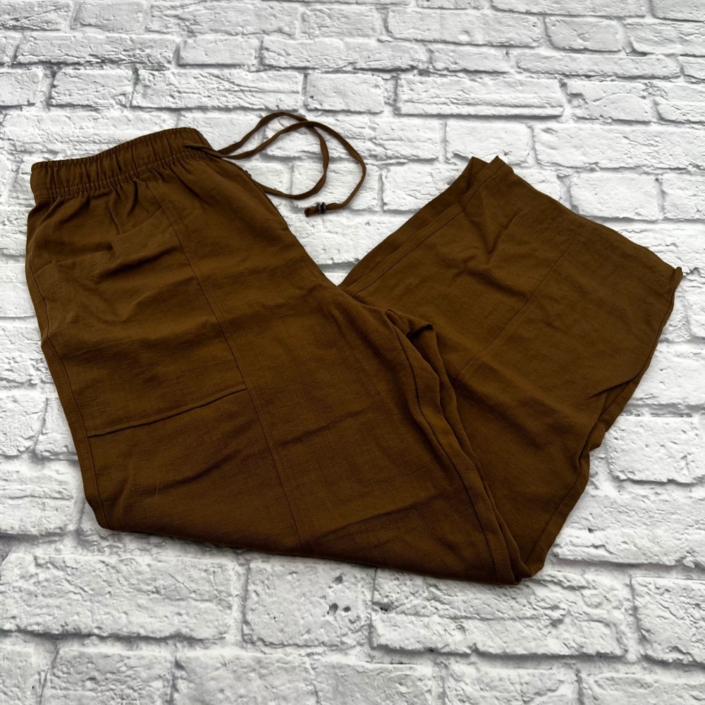 Zara Womens Brown Wide Leg Tie Waist Textured Pants Small Comfort Lightweight
